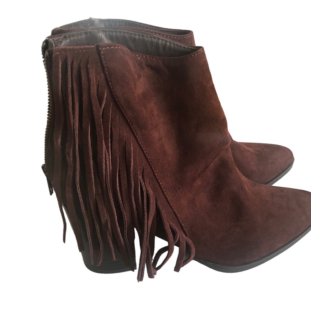 MADDEN GIRL NIB Suede Back Zip Dark Brown Chocolate Fringe Booties Ankle Boots - Picture 1 of 7